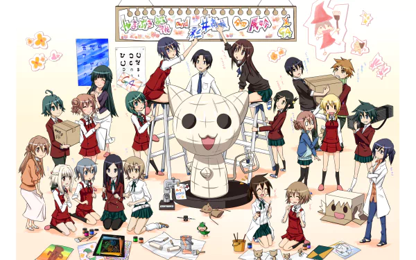 HD PC desktop wallpaper of GA Geijutsuka Art Design Class anime: students in school uniforms with blonde, white and black hair (short and long), paint supplies and a large anime cat.