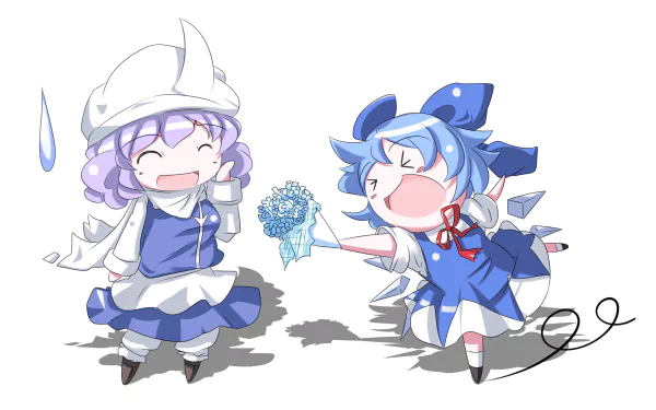 Chibi anime characters Satori Komeiji and Cirno from Touhou, with blue and purple short hair, cheerful expressions, and a blue flower bouquet in an HD desktop wallpaper style.