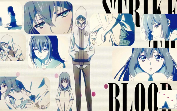 HD desktop wallpaper featuring multiple characters and scenes from the anime Strike the Blood, with a central image of a character in a hoodie surrounded by various emotional and action-filled moments.