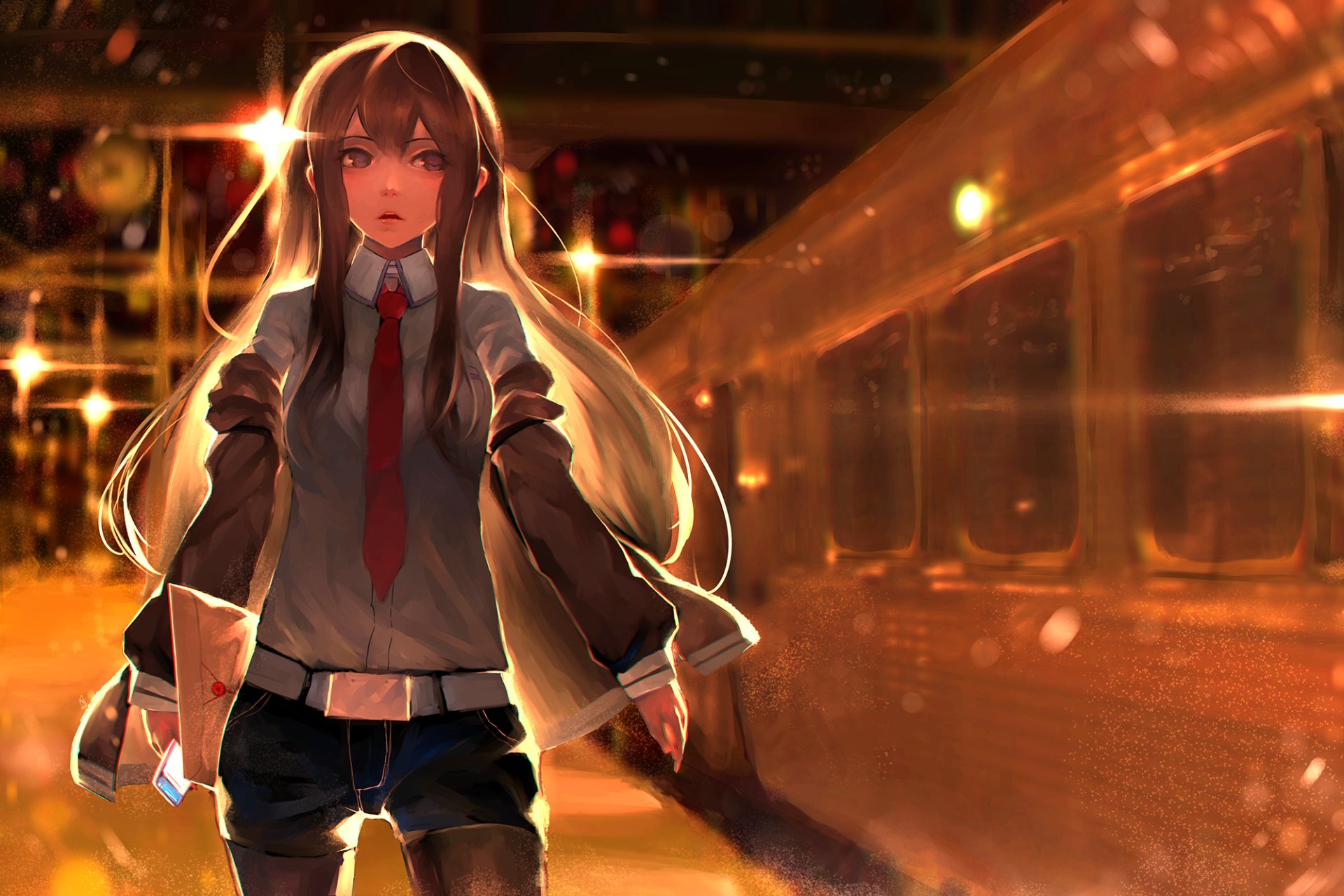 A striking HD wallpaper of Kurisu Makise from Steins;Gate, featuring her with long brown hair, dressed in a shirt and tie, set against a glowing train background.