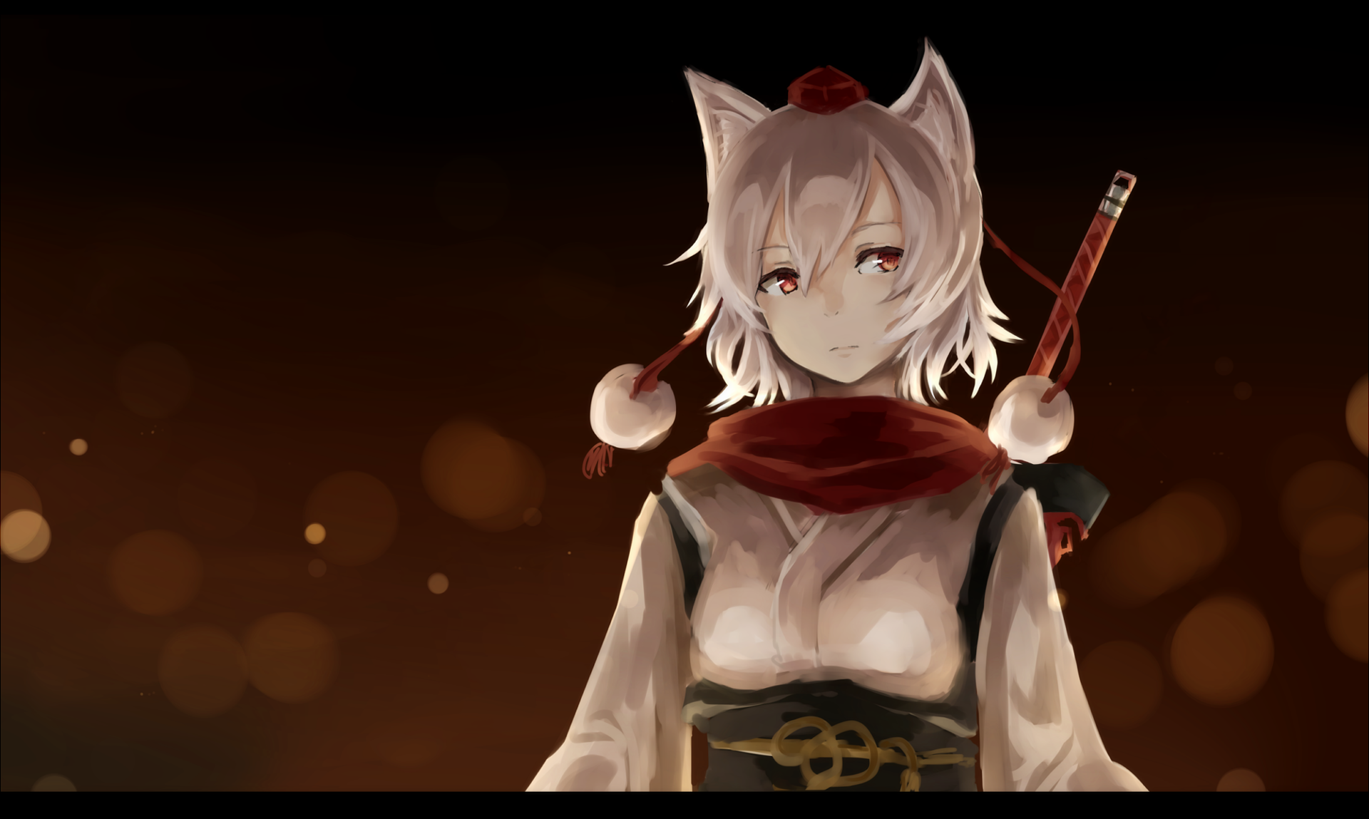 Anime HD wallpaper of Momiji Inubashiri from Touhou, featuring white hair, animal ears, red eyes, a kimono, scarf, and a sword as her weapon.