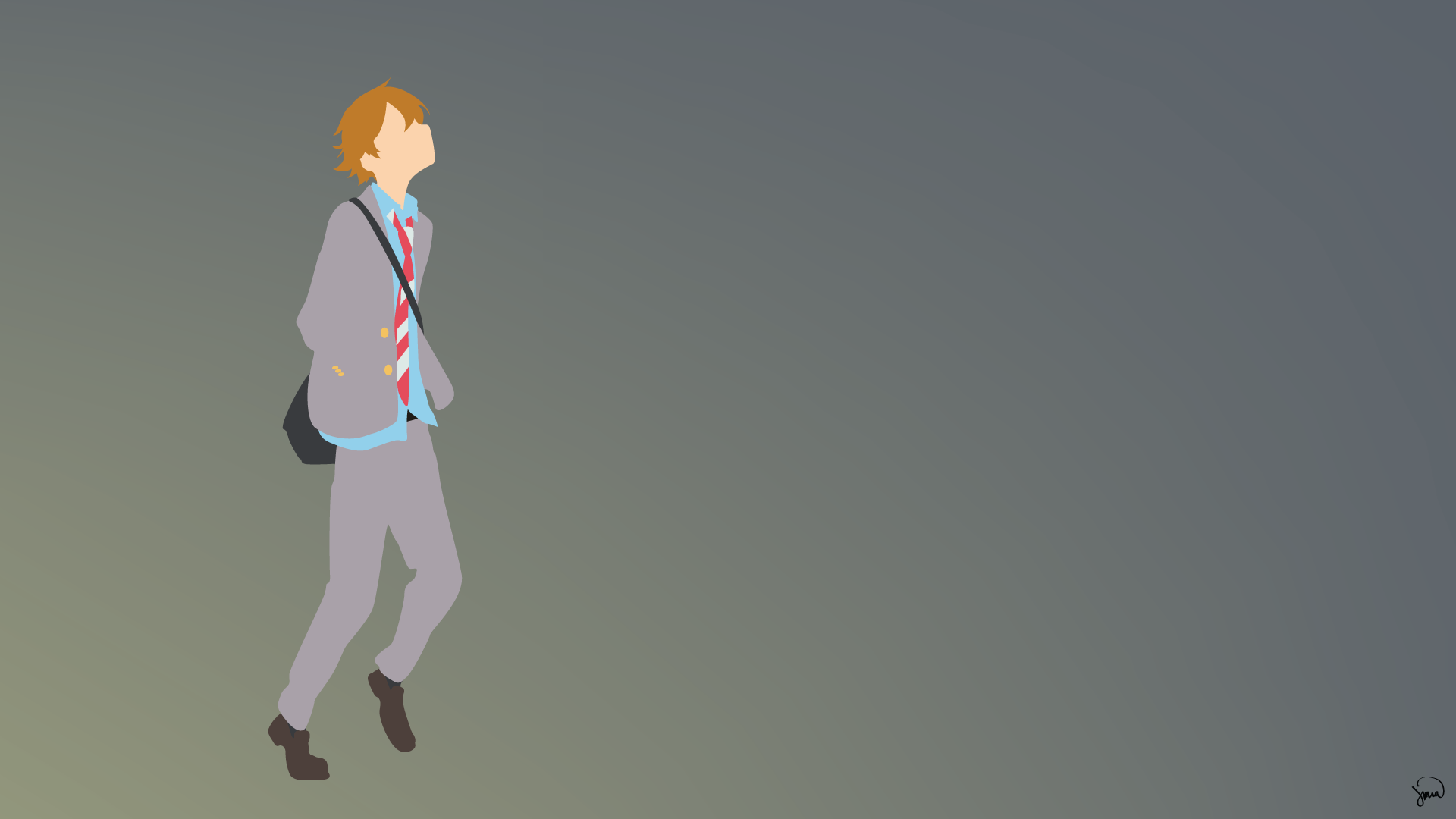 A stylized HD desktop wallpaper featuring Ryota Watari from the anime Your Lie in April, depicting him walking confidently against a subtle gradient background.