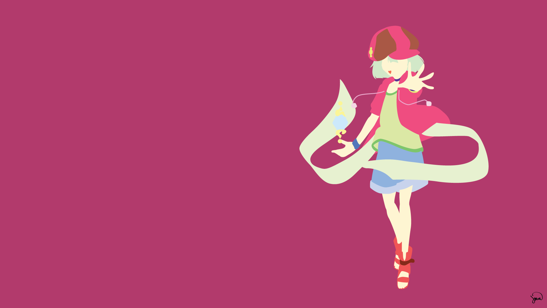 A minimalist HD wallpaper featuring a character with grey hair in shorts and a hat, inspired by Tet from the anime No Game No Life, against a vibrant pink background.