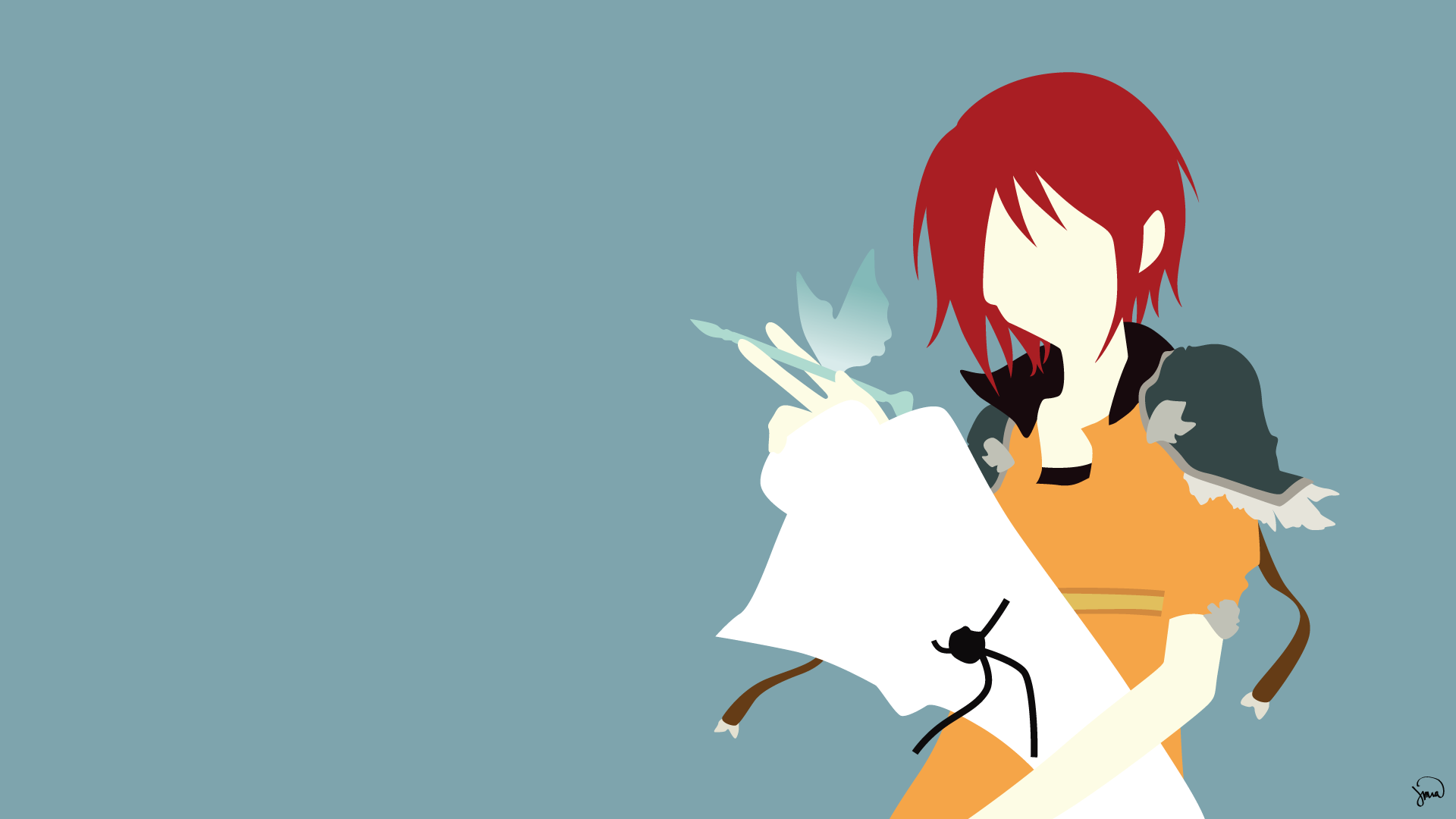 HD anime wallpaper featuring Shirayuki from Snow White with the Red Hair, depicted in a minimalist style with birds and a light blue background.