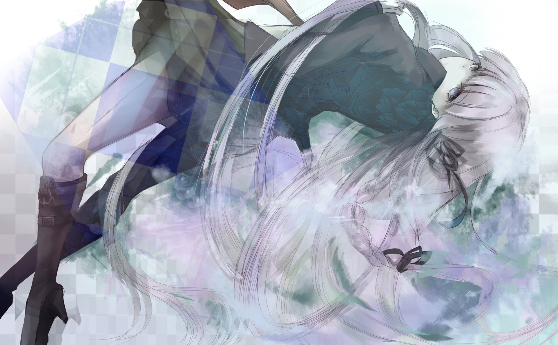 HD PC desktop wallpaper featuring Kyōko Kirigiri from the anime Danganronpa, showcasing her in a dynamic pose with soft, ethereal colors.