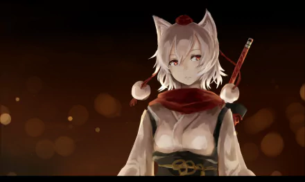Anime HD wallpaper of Momiji Inubashiri from Touhou, featuring white hair, animal ears, red eyes, a kimono, scarf, and a sword as her weapon.