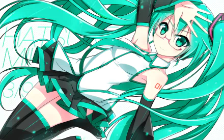 A vibrant HD wallpaper featuring Hatsune Miku, an anime Vocaloid with green twintails, green eyes, and glasses, exuding a lively and playful energy.