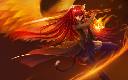 A dynamic HD desktop wallpaper featuring a character from *Shakugan No Shana*, wielding a fiery weapon with striking red hair and a fierce expression against a warm, vibrant background.