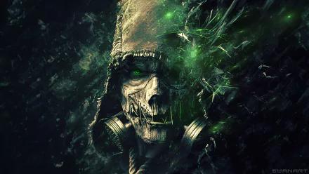 HD desktop wallpaper of Scarecrow from Batman: Arkham Knight, featuring a creepy figure in a gas mask and hood, with glowing green eyes, set against a dark background.