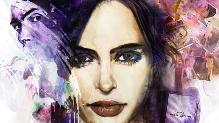 HD PC desktop wallpaper featuring a vibrant, artistic portrait inspired by the TV show Jessica Jones with bold colors and expressive brushstrokes.