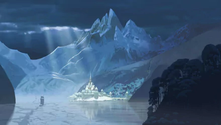 HD PC desktop wallpaper from Frozen (Movie): icy castle at the mountain's base, moonlit frozen lake reflecting pale blue light and towering snowy peaks.