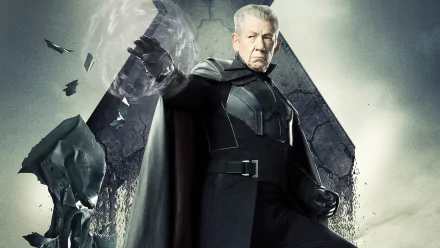 Ian McKellen as Magneto in a dramatic pose from X-Men: Days of Future Past, showcasing his iconic character against a backdrop of destruction. High-definition wallpaper.