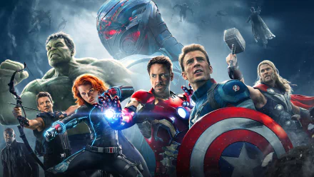HD desktop wallpaper featuring Avengers: Age of Ultron characters: Hawkeye, Black Widow, Iron Man, Captain America, Thor, and Hulk. Background includes Ultron and action-packed scene.