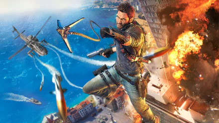 Rico Rodriguez from Just Cause 3 takes center stage in this explosive HD desktop wallpaper, featuring dynamic action with helicopters and missiles against a stunning coastal backdrop.