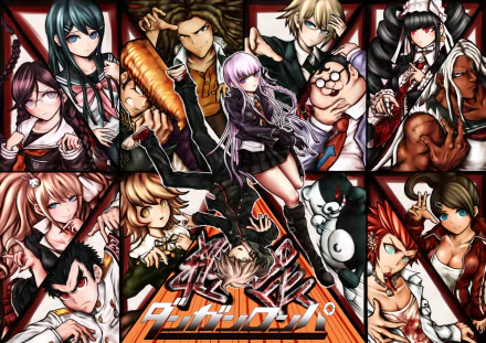 HD desktop wallpaper featuring characters from the anime Danganronpa, showcasing a vibrant collage of students and iconic elements from the series.