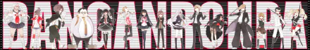 HD anime PC desktop wallpaper featuring five characters from Danganronpa standing against a bold striped background with large text behind them.