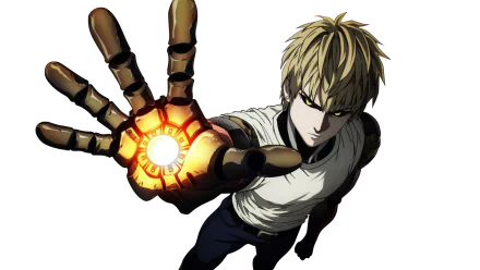 Genos from One-Punch Man extends his mechanical hand, glowing with power, in this HD desktop wallpaper, showcasing his fierce determination and iconic anime style.