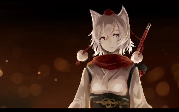 Anime HD wallpaper of Momiji Inubashiri from Touhou, featuring white hair, animal ears, red eyes, a kimono, scarf, and a sword as her weapon.