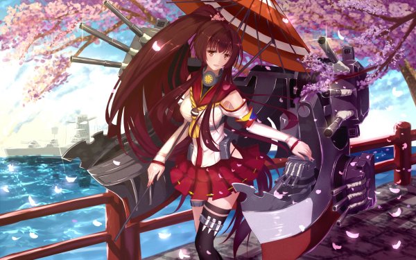 Anime Kantai Collection Long Hair Brown Hair Brown Eyes Sakura Blossom Weapon Skirt Yamato HD Wallpaper | Background Image