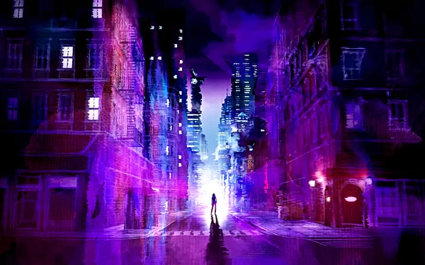 An atmospheric HD background featuring a mysterious figure standing in a vibrant, urban street, inspired by the TV show Jessica Jones.