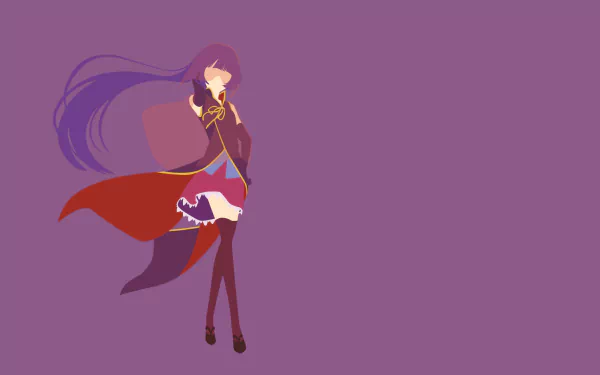 A minimalist anime character with long purple hair, wearing a coat, gloves, and thigh-highs, stands against a simple purple background. Inspired by Clammy Zell from *No Game No Life*.