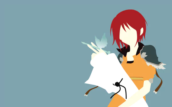 HD anime wallpaper featuring Shirayuki from Snow White with the Red Hair, depicted in a minimalist style with birds and a light blue background.