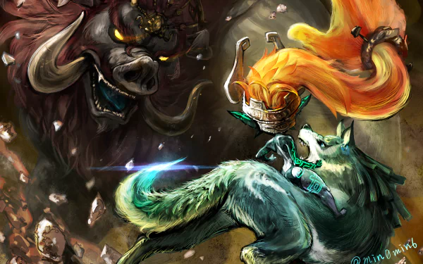 Wolf Link charges forward with Midna, confronting Ganon in a dramatic scene from The Legend of Zelda: Twilight Princess. This HD wallpaper captures the essence of the iconic video game.