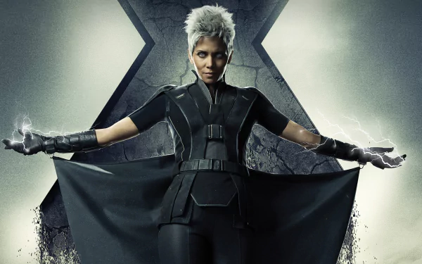 Halle Berry as Storm from Marvel's X-Men in a striking pose, showcasing her powerful abilities. This HD wallpaper features a dramatic backdrop inspired by X-Men: Days of Future Past.