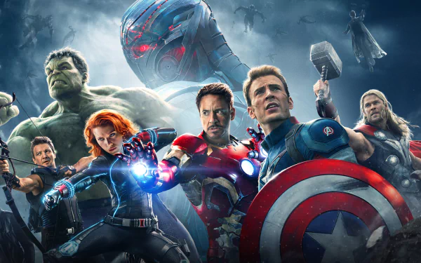 HD desktop wallpaper featuring Avengers: Age of Ultron characters: Hawkeye, Black Widow, Iron Man, Captain America, Thor, and Hulk. Background includes Ultron and action-packed scene.
