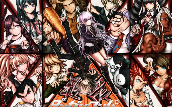HD desktop wallpaper featuring characters from the anime Danganronpa, showcasing a vibrant collage of students and iconic elements from the series.