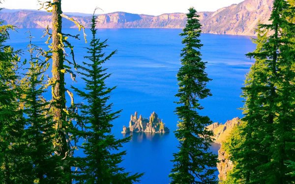 Crater Lake framed by evergreen trees, vivid blue water and volcanic island spires — 2K Quad HD PC desktop wallpaper and background.