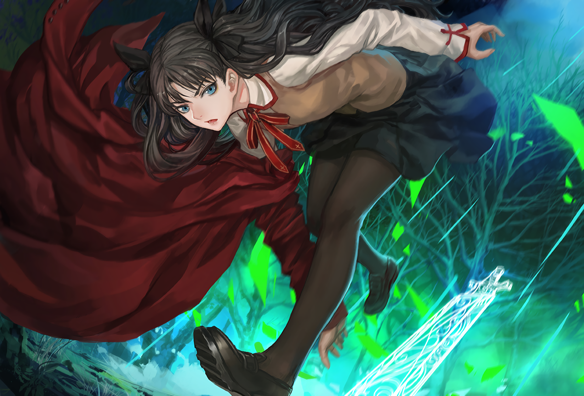 HD anime wallpaper featuring Rin Tohsaka from Fate/Stay Night in dynamic action pose with glowing magical effects and vibrant blue-green background.