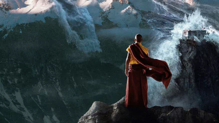 HD desktop wallpaper from the 2012 movie 2012, depicting a lone figure in a red robe standing on rocky cliffs facing a towering, crashing tsunami wave.