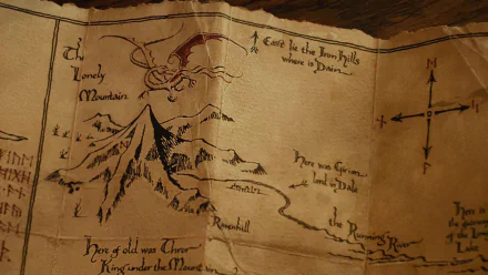 HD PC desktop wallpaper featuring an illustrated map from the movie The Hobbit: An Unexpected Journey, showcasing the Lonely Mountain and surrounding landmarks.