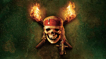 A striking HD wallpaper featuring a skull adorned with a red bandana, flanked by flaming torches, inspired by *Pirates of the Caribbean: Dead Man's Chest*.