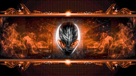 A vibrant HD desktop wallpaper featuring the iconic Alienware alien head surrounded by fiery orange and cosmic elements, reflecting a futuristic technology theme.