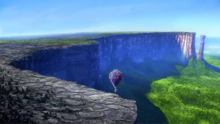 A vibrant scene from the movie *Up*, featuring a colorful balloon soaring over a deep canyon and lush greenery, making for an enchanting HD wallpaper and background.