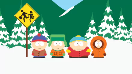 Four characters from South Park—Kyle Broflovski, Stan Marsh, Eric Cartman, and Kenny McCormick—stand together in a snowy landscape beside a school crossing sign. 