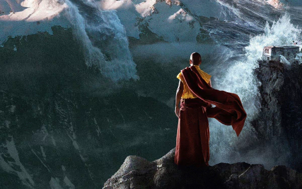 HD desktop wallpaper from the 2012 movie 2012, depicting a lone figure in a red robe standing on rocky cliffs facing a towering, crashing tsunami wave.
