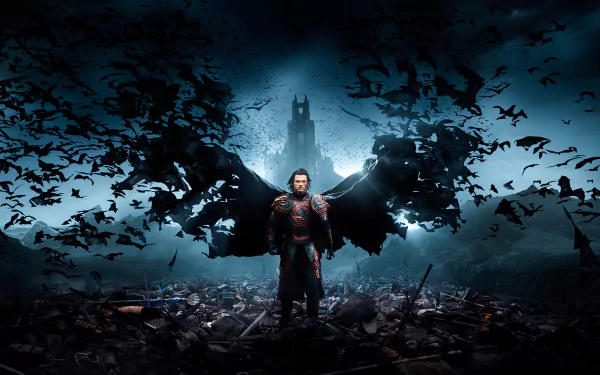 HD desktop wallpaper and background featuring an epic scene from the movie Dracula Untold, depicting a character standing on a battlefield with bats forming wings behind him and a castle in the distance.