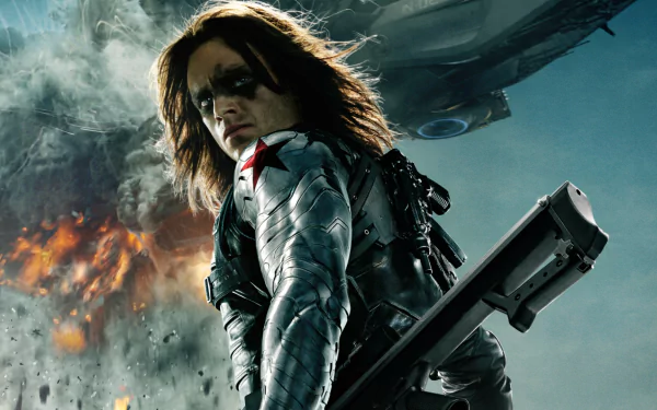 A dramatic HD wallpaper from Captain America: The Winter Soldier, featuring a determined soldier with long hair and a unique arm, set against a backdrop of explosive action.