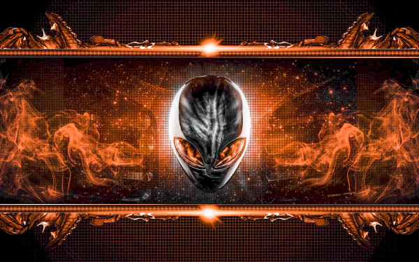 A vibrant HD desktop wallpaper featuring the iconic Alienware alien head surrounded by fiery orange and cosmic elements, reflecting a futuristic technology theme.