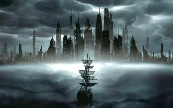 HD PC desktop wallpaper featuring a dark, misty cityscape with towering futuristic buildings and a sailing ship in the foreground from the movie Cloud Atlas.