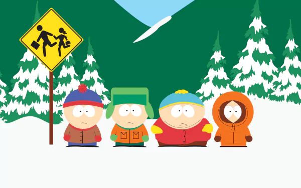 Four characters from South Park—Kyle Broflovski, Stan Marsh, Eric Cartman, and Kenny McCormick—stand together in a snowy landscape beside a school crossing sign. 