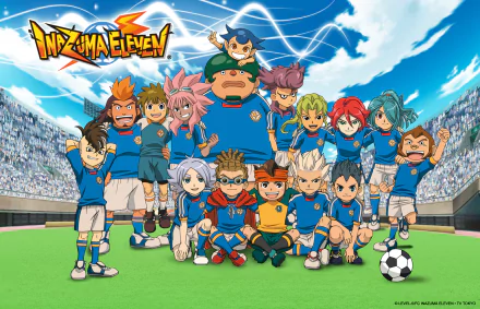 HD desktop wallpaper of the anime Inazuma Eleven, featuring its characters in blue football uniforms on a stadium field.