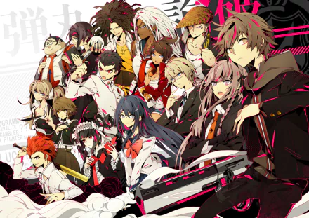 HD desktop wallpaper of various anime characters from Danganronpa, featuring an intricate, vibrant design and a mix of intense and composed character expressions.