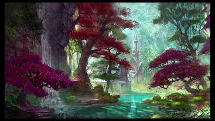 HD PC desktop wallpaper of a vibrant, mystical forest scene from the video game The Elder Scrolls Online, featuring lush red and green foliage surrounding a serene river.