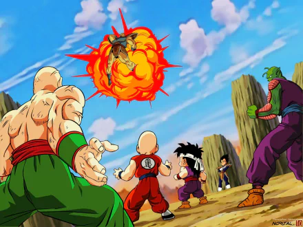 A vibrant HD desktop wallpaper featuring Dragon Ball Z characters Tenshinhan, Krillin, Gohan, Piccolo, Vegeta, and Nappa in an intense scene, showcasing their dynamic energy and action.