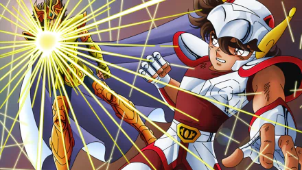 A dynamic HD wallpaper featuring Leo Aiolia and Pegasus Seiya from the anime Saint Seiya, showcasing an intense battle with radiant energy effects.