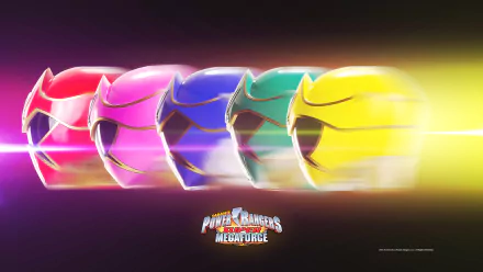 HD desktop wallpaper featuring vibrant helmets of the Power Rangers Super Megaforce team from the TV show, set against a dynamic, colorful background.